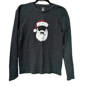 Lucky Brand Santa with Glasses Gray Thermal Waffle Knit Sleepwear Top Sz Small